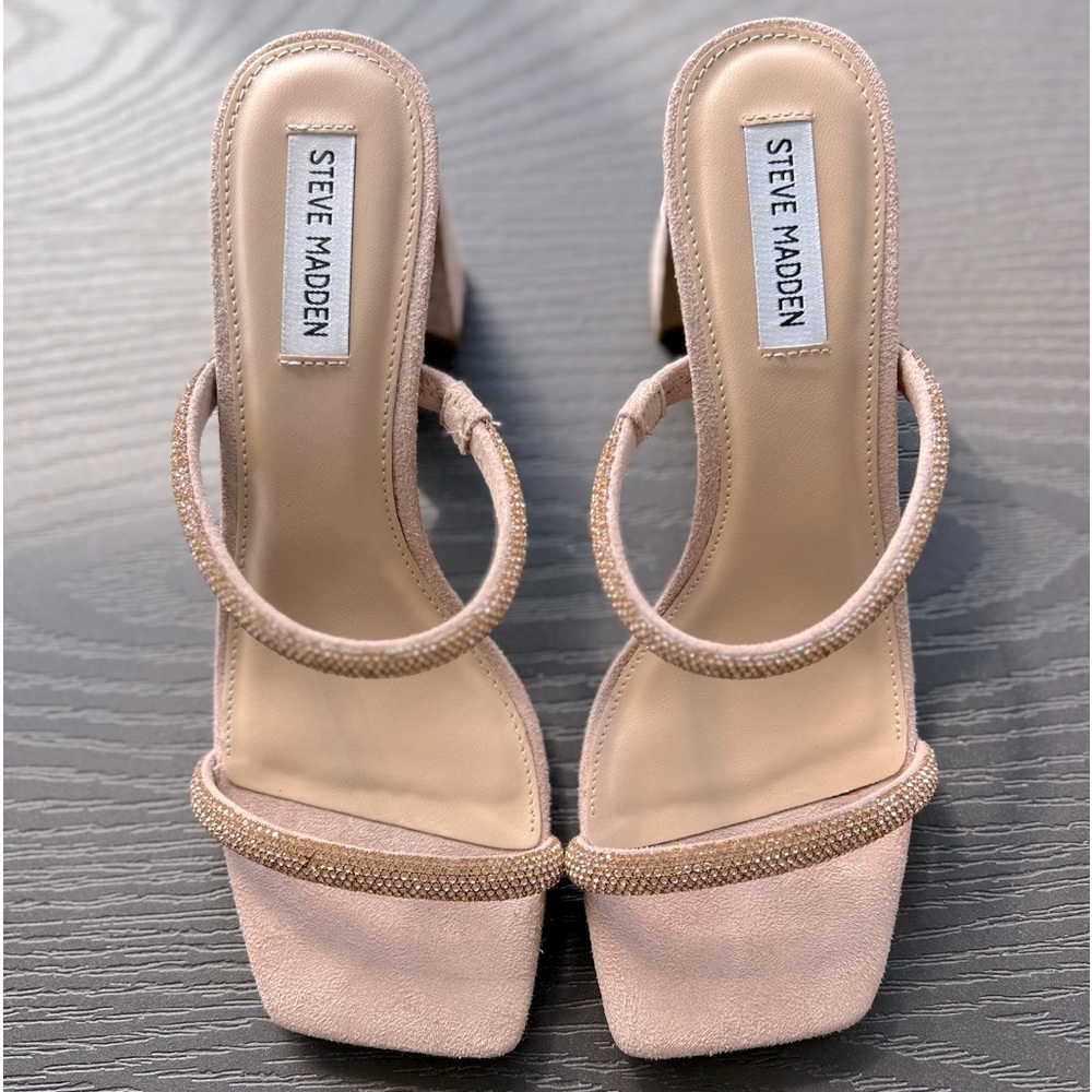 Steve Madden Pink Rose Strapped Block 3 inch Heel Rhinestone Womens Shoes